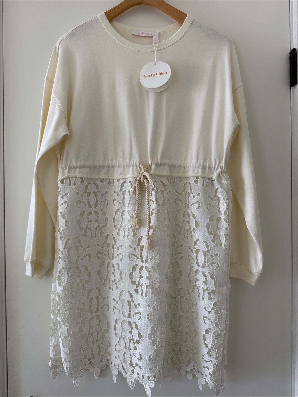 See By Chloé Cream Midi Dress with Lace Skirt